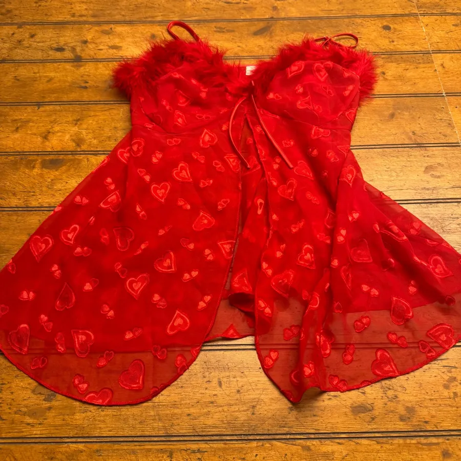Inner Most Red Heart Print Fluffy Trim Babydoll Lingerie Chemise Top L FLAW Size L