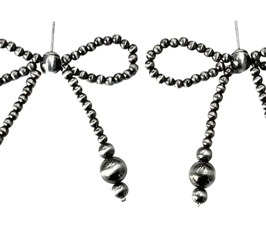 Silver Tone Beaded Bow Earrings Dangling Tassel Statement Fashion Jewelry NWT