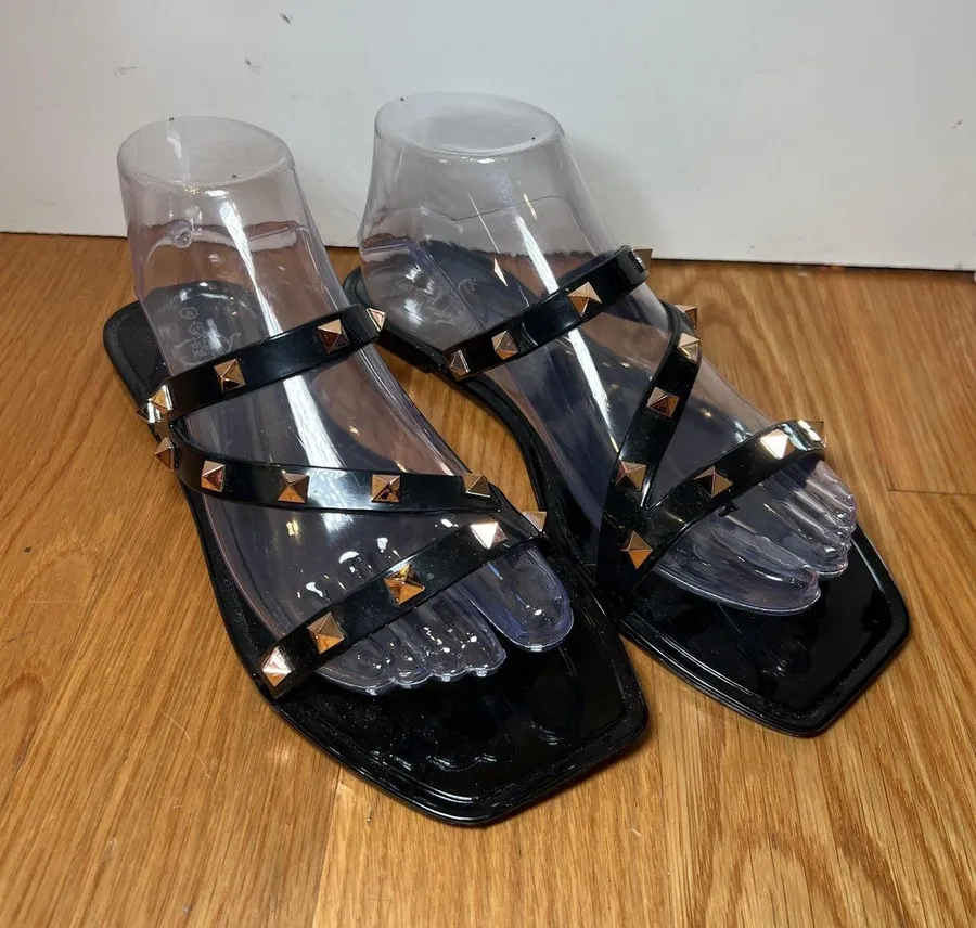 Sole Mates Shoes Womens Size 8 Jelly Studded Slide Sandals Square Toe Flats