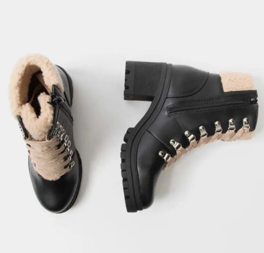 Black Shepra Lined Lug Sole Lace Up Chunky Heel Boot