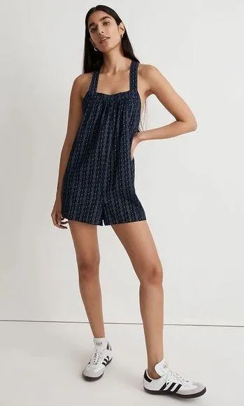 Madewell Square-Neck Crossback Romper in Striped Floral size small NWT