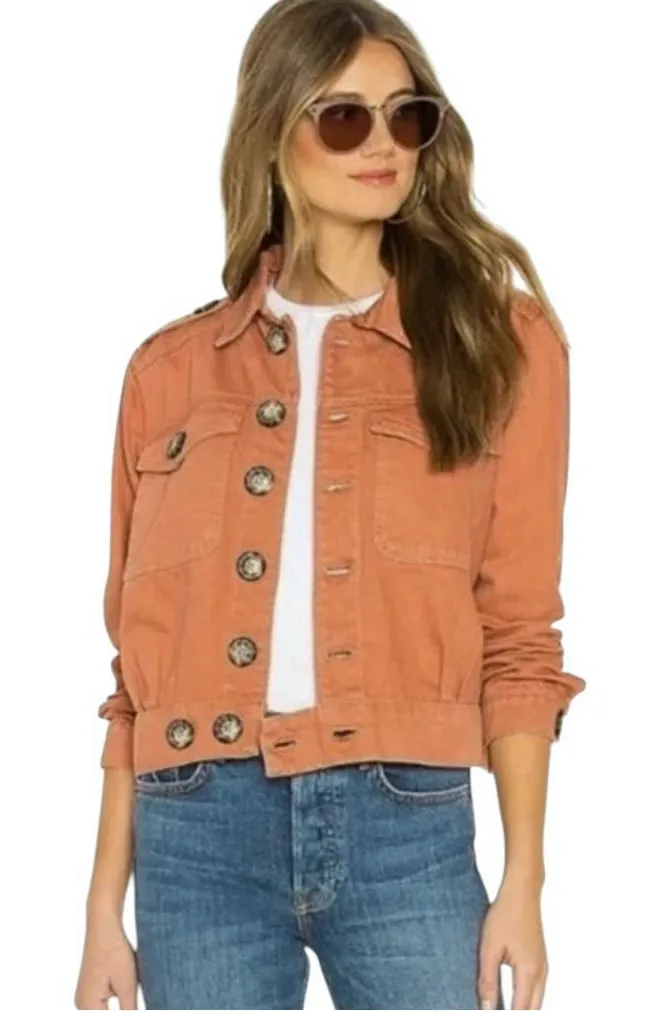 Free People 100% Cotton Eisenhower Denim Button Up Fall Jacket Terracotta Size S