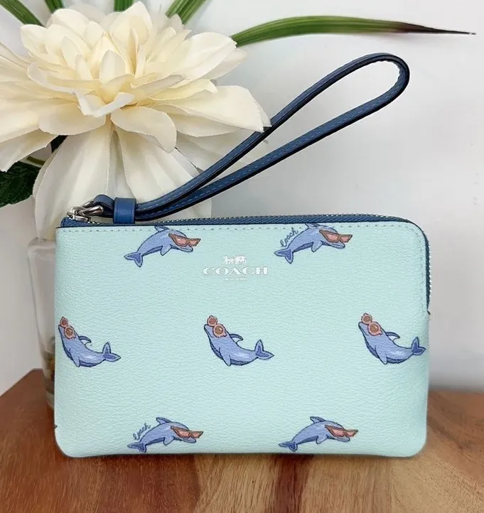 NWT Coach Corner Zip Wristlet With Dolphin Print