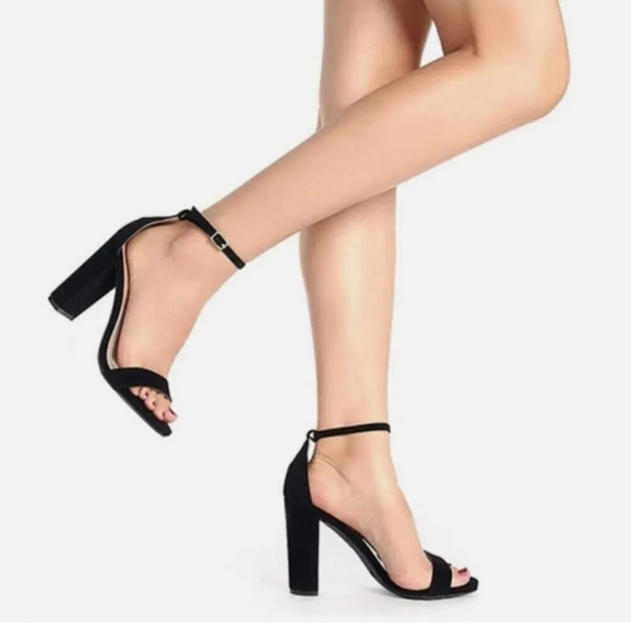 Dream Paris Black Faux Suede Block Heel Pumps Open Toe Ankle Strap Size 8.5