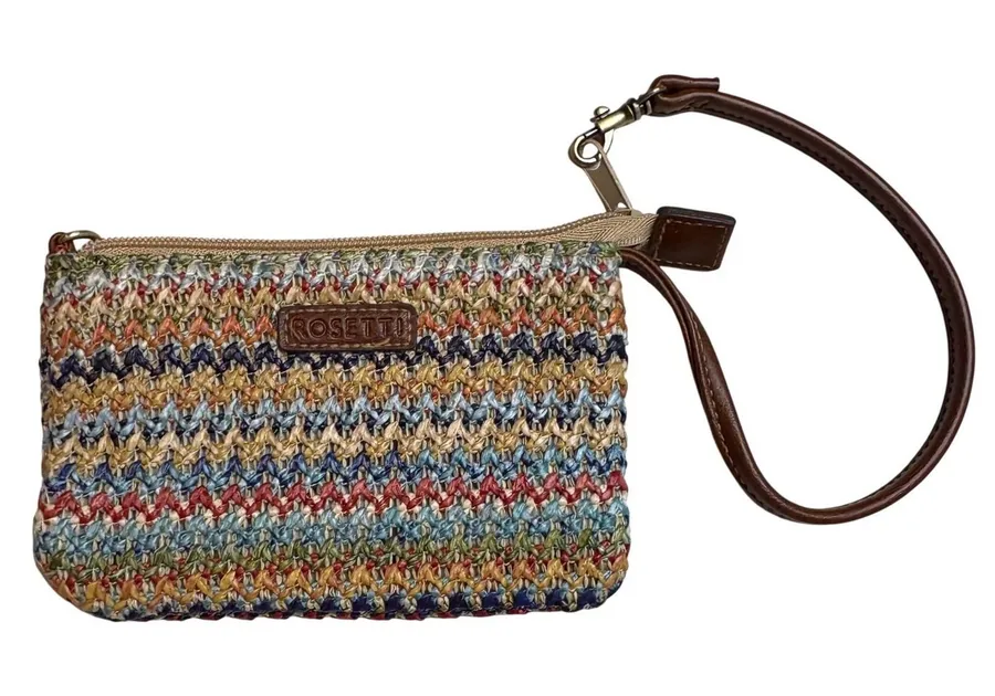 Rosetti Multicolor Woven Straw Wristlet Boho Chevron Zig Zag Clutch Summer Bag