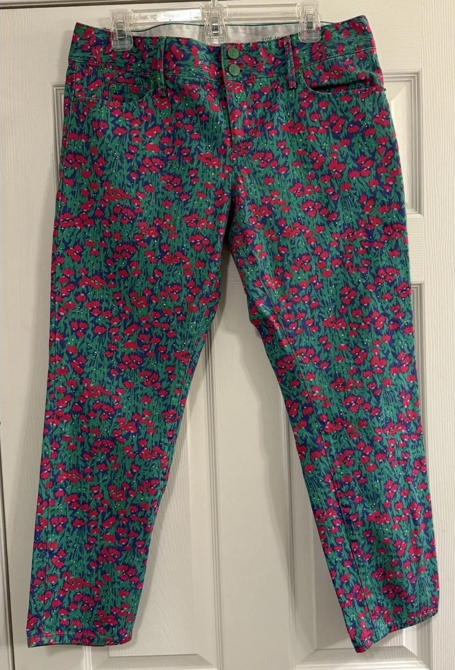 Lilly Pulitzer Jeans Sz 12 Worth Skinny Mini Green & Pink Floral Preppy Coastal