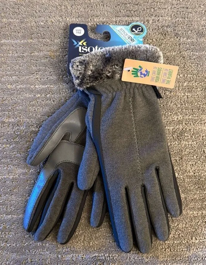 Isotoner Gray Faux Fur Trim Winter Smart Touch Gloves Micro Fleece NWT