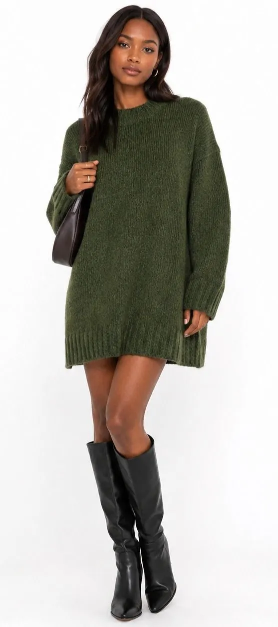 Topshop Green Knit Mock Neck Sweater Dress Long Sleeve Casual Cozy Fall Size M