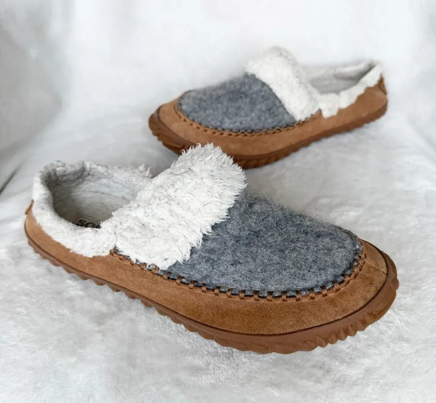 Sorel Out N About Slide Moccasin Slipper Gray Felt Brown Leather Womens Size 8.5