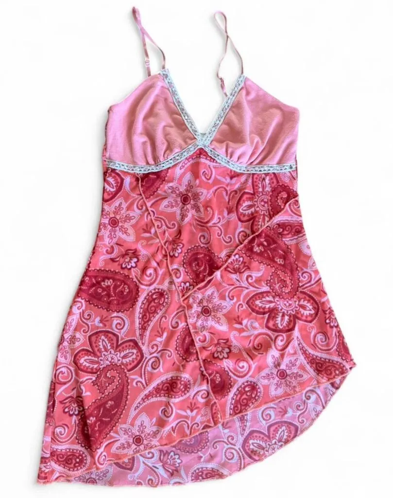 Y2K Vintage Maurice’s Cami Tank Top Asymmetrical Pink Rhinestone Small Paisley