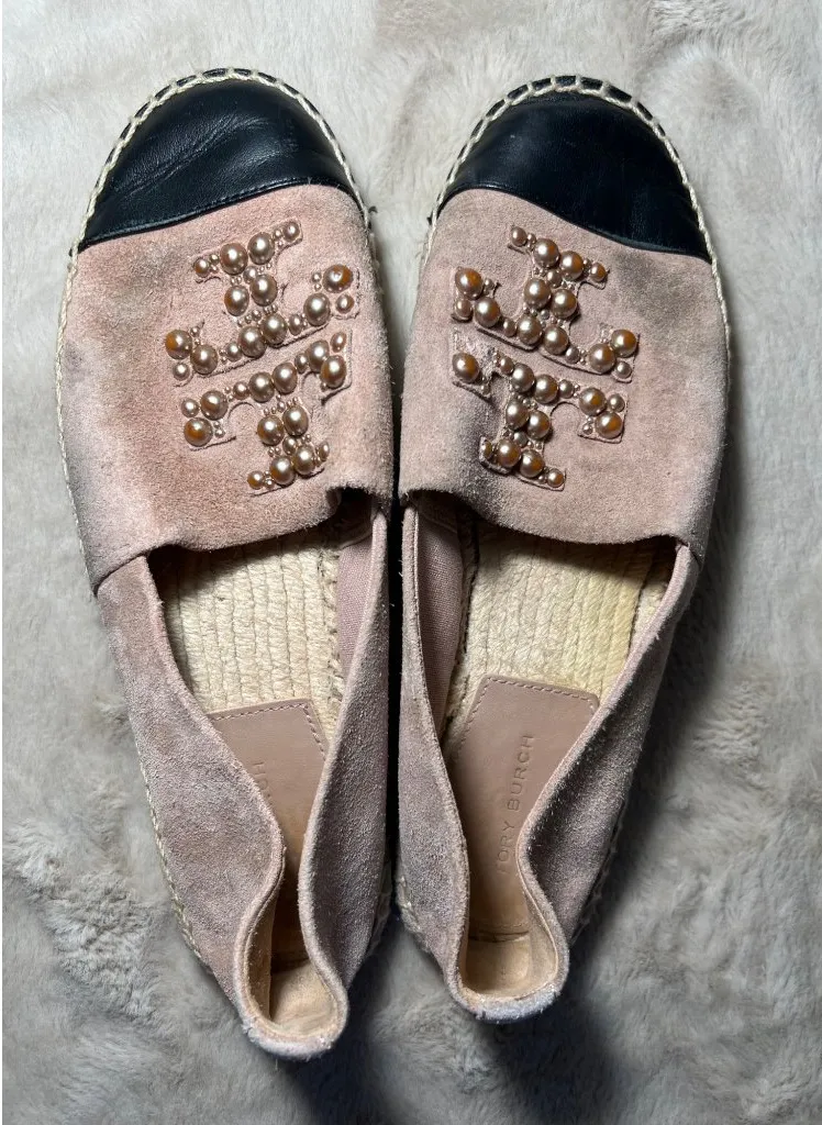 Tory Burch Pink Suede Espadrille Flats W/ Pearl Logo & Black Toe Cap