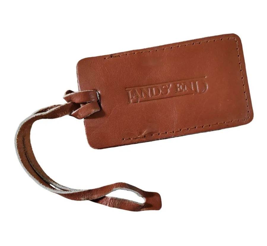 Lands End Leather Luggage Address Name Tag 90s Travel Bag Accessory Brown Logo