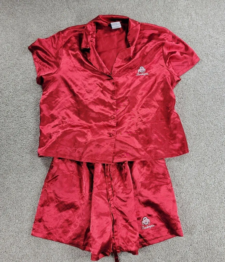 Ohio State Pajama Shorts Set Womens L Red Satin Embroidered Buckeyes Logo Pocket Size L