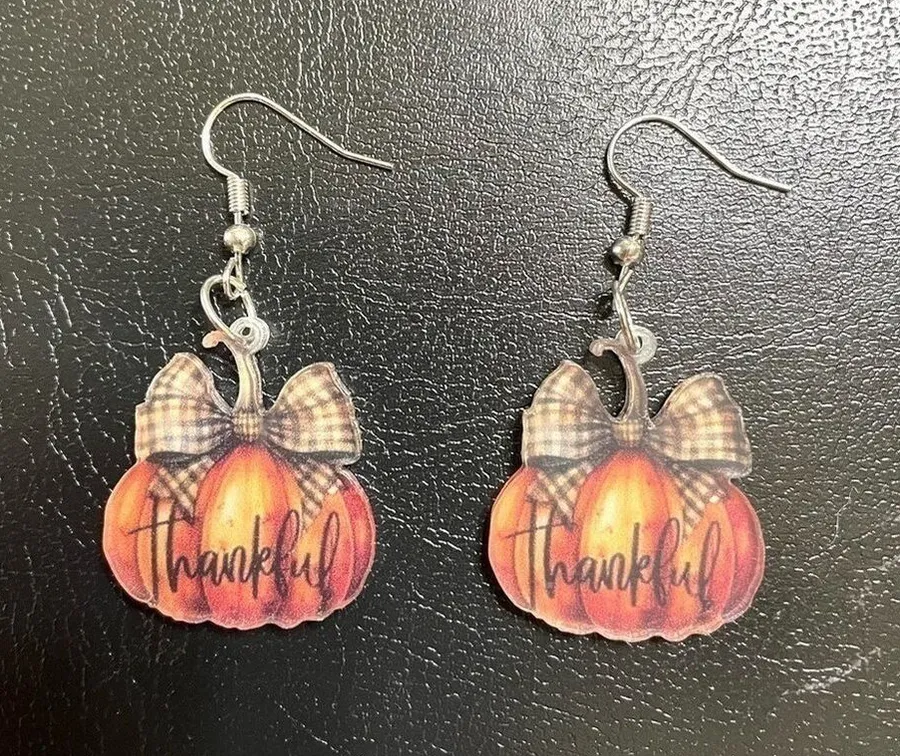 Earrings Pumpkin Thankful Thanksgiving Acrylic Dangle Orange