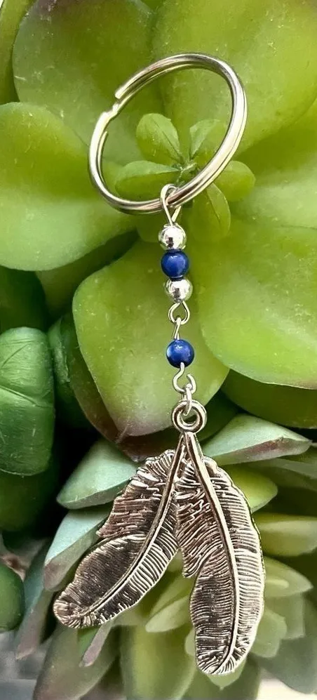 Silver Feather keychain with blue beads