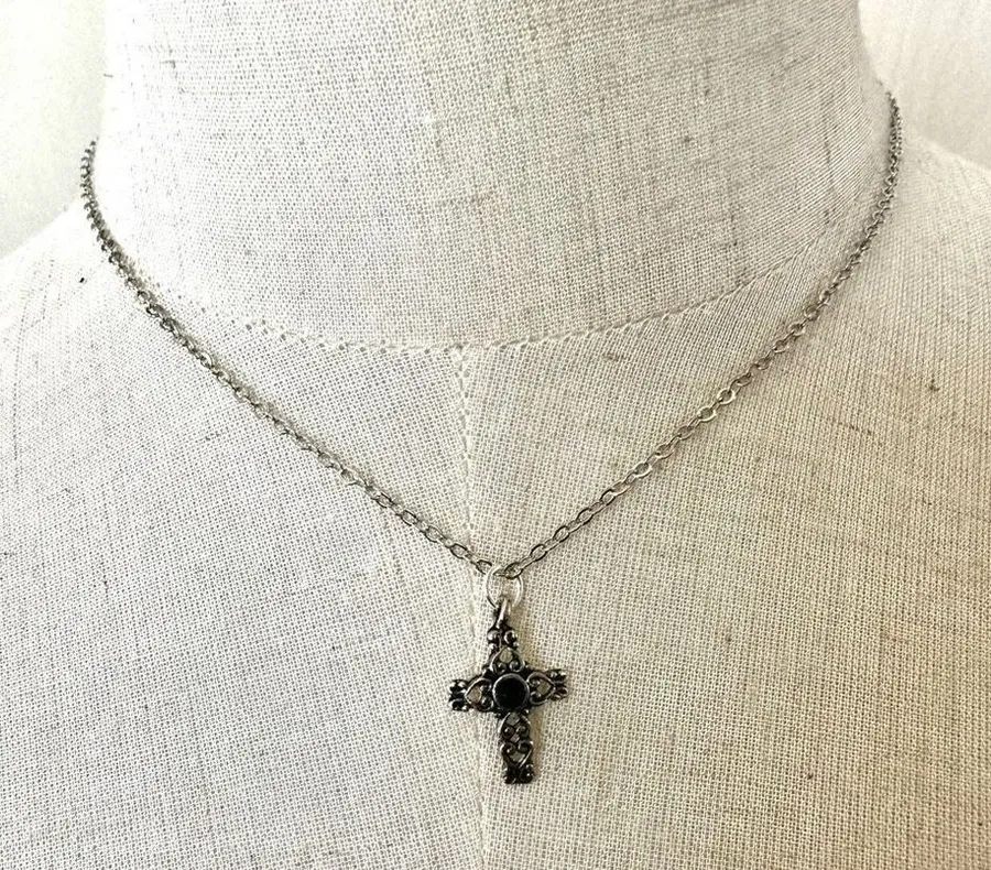 Silver tone and black dainty cross necklace