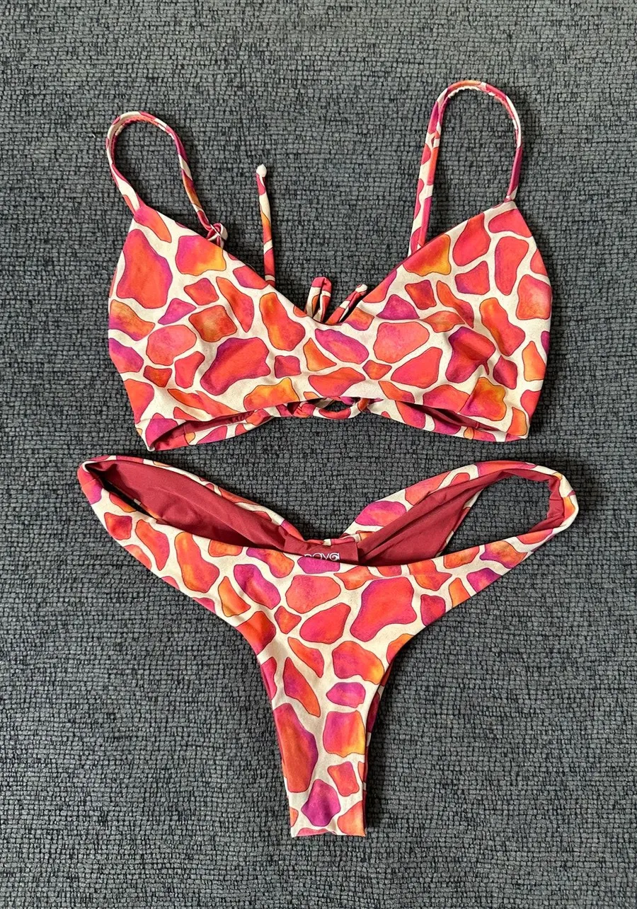 Naya Swimwear Bikini Set S Watercolor Abstract Print Cheeky Lace Up Tie Back Orange