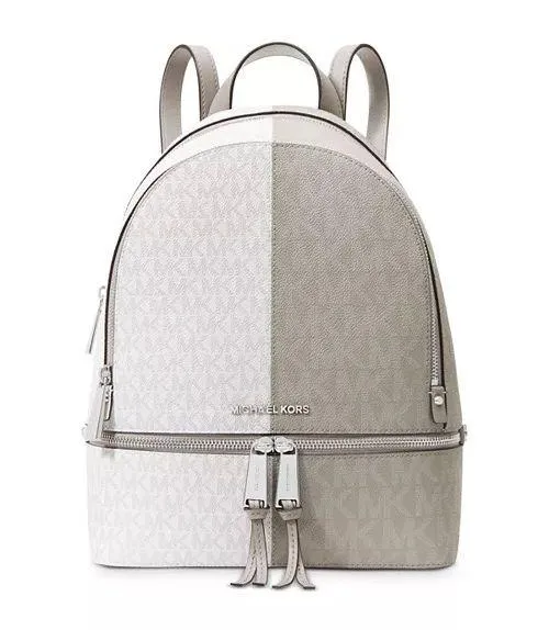 Michael Kors Gray Silver Aluminum Rhea Medium Zip Backpack Shoulder Bag Purse