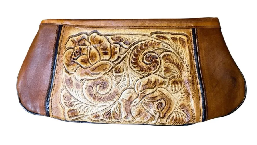 πβ Vintage Tooled Leather Floral Clutch Purse πΈ Western Boho Bag π Brown