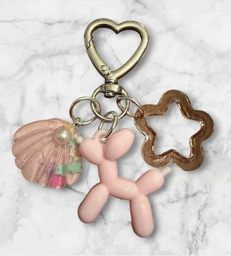 Pink Balloon Dog Charm Key & Card Holder with Shell and Star Accents