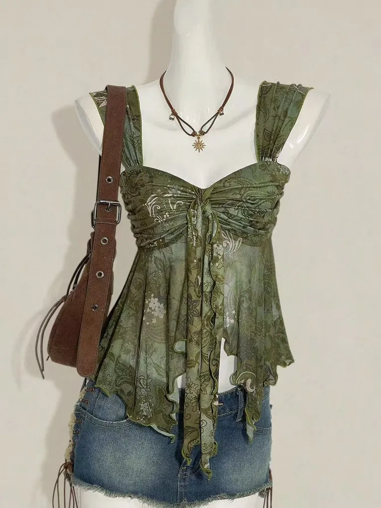 Y2K Boho Green Floral Mesh Cami Top Tie Front Ruffle Irregular Hem Sleeveless Vest