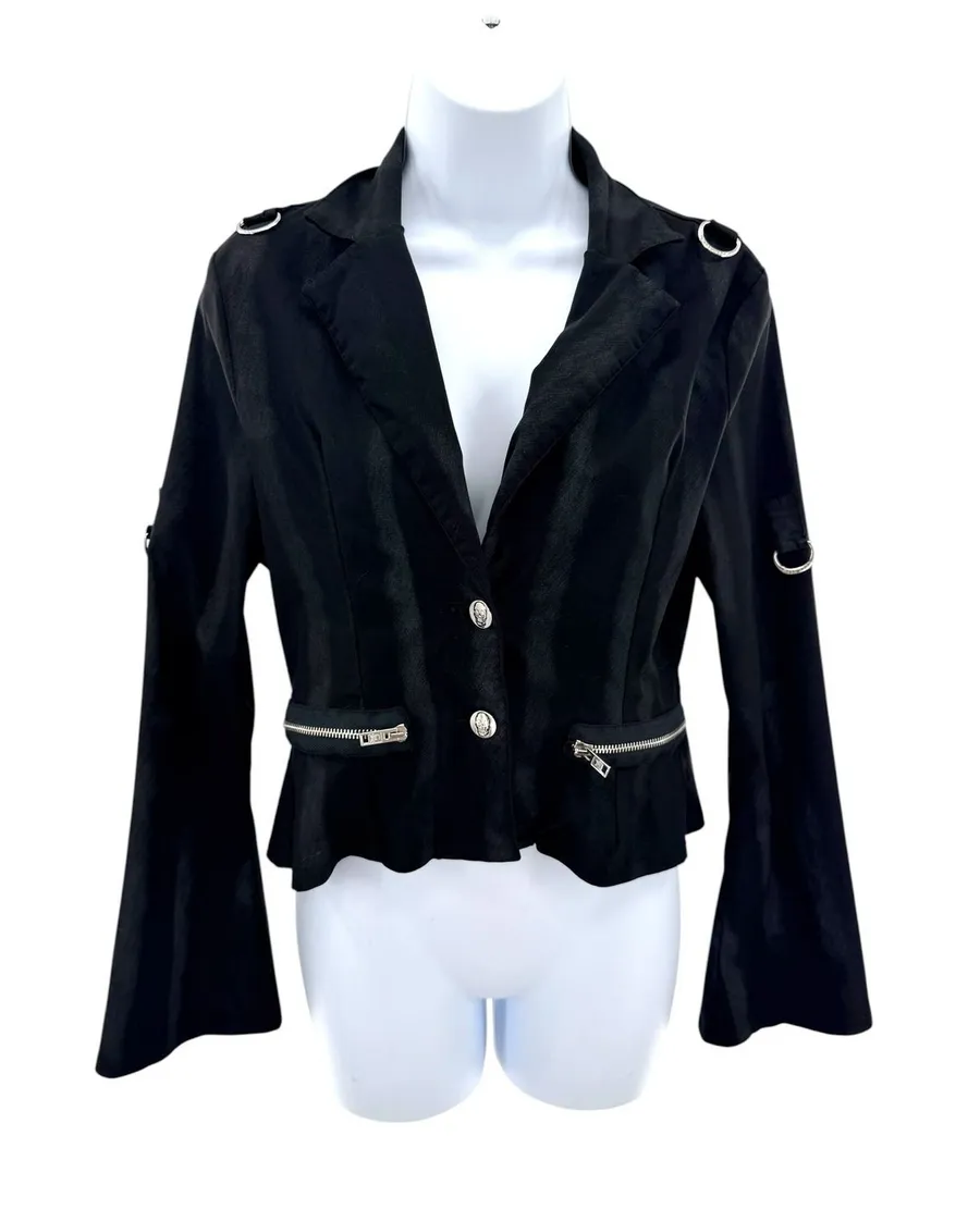 Killstar Black Shadow Stripe D-Ring Gothic Cropped Blazer Jacket Womens Large