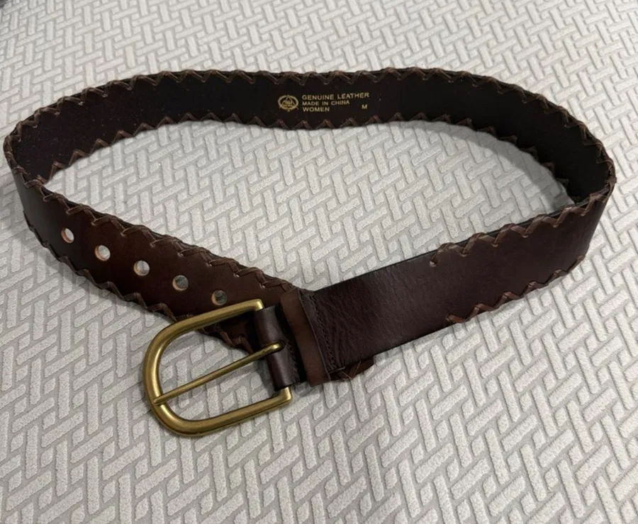 Gap Jeans Women’s Brown Genuine Leather Stitch Trim Belt with Brass Buckle Sz M