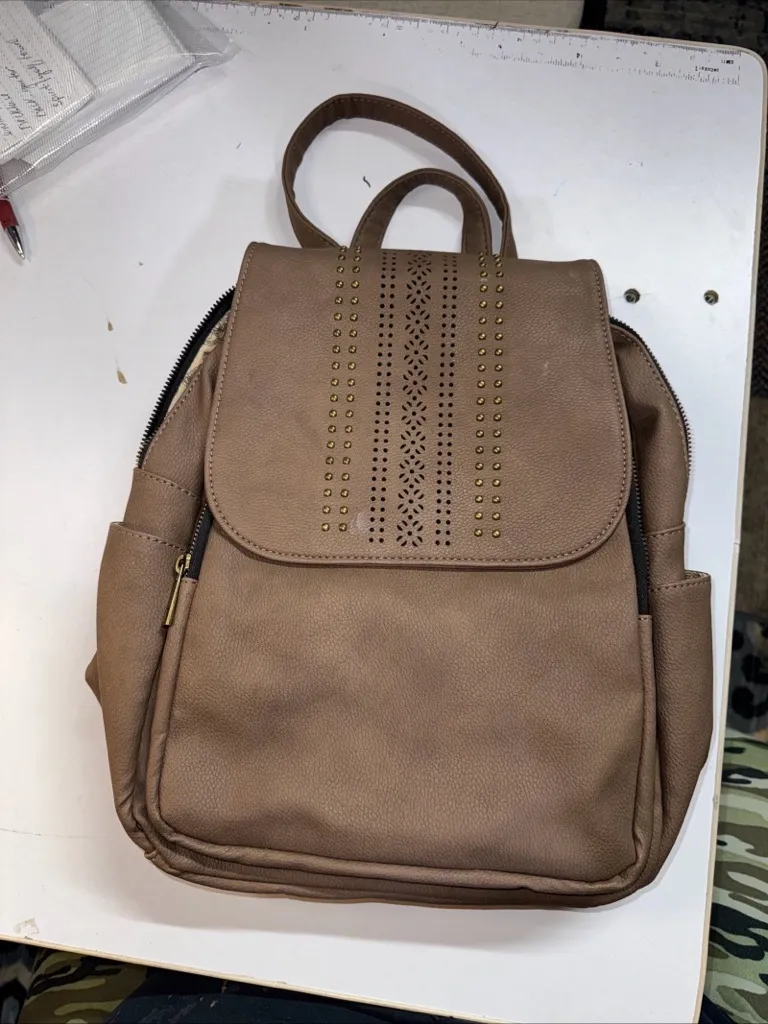 Chocolate Brown Large Backpack Purse w/ Decorative Nailheads Purple
