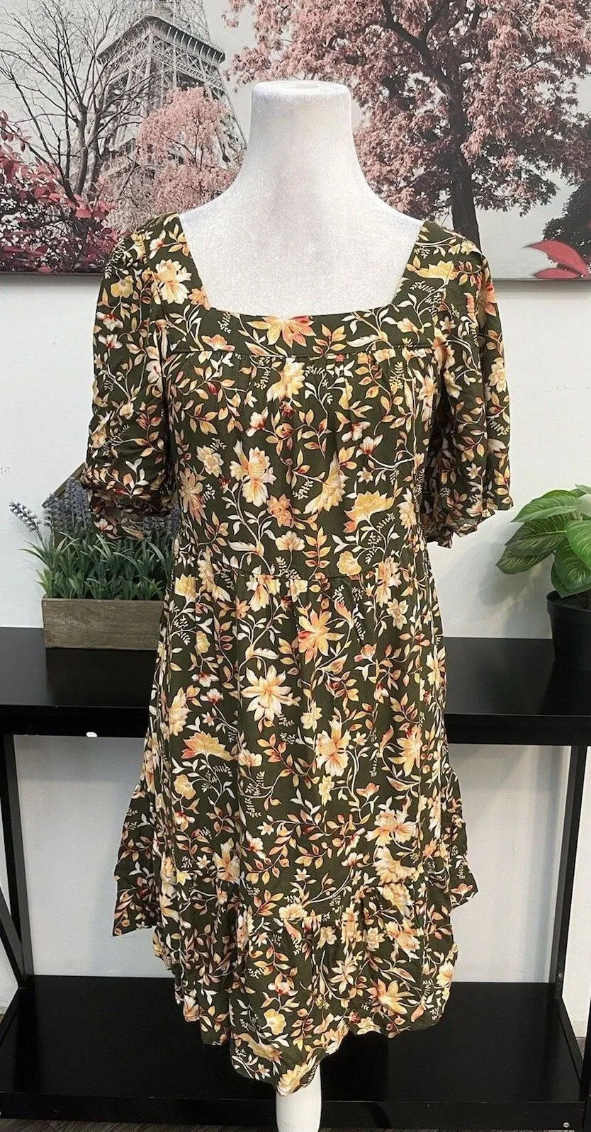 NWTMaurices Boho Floral Babydoll Mini Dress S Green Tiered Ruffle Flutter Sleeve