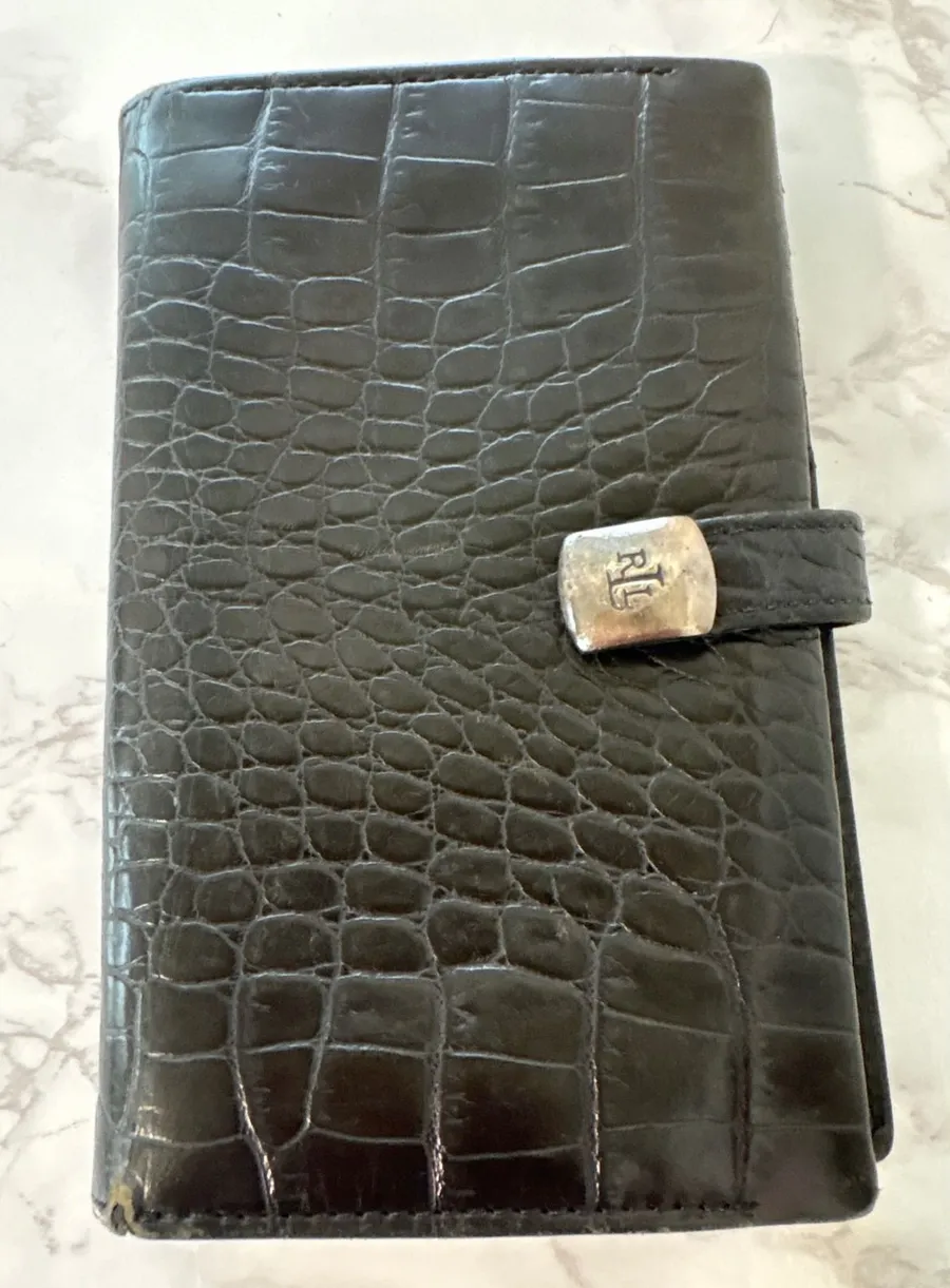 Ralph Lauren Black Croc Embossed Leather Bifold Wallet RL Logo Tab Closure