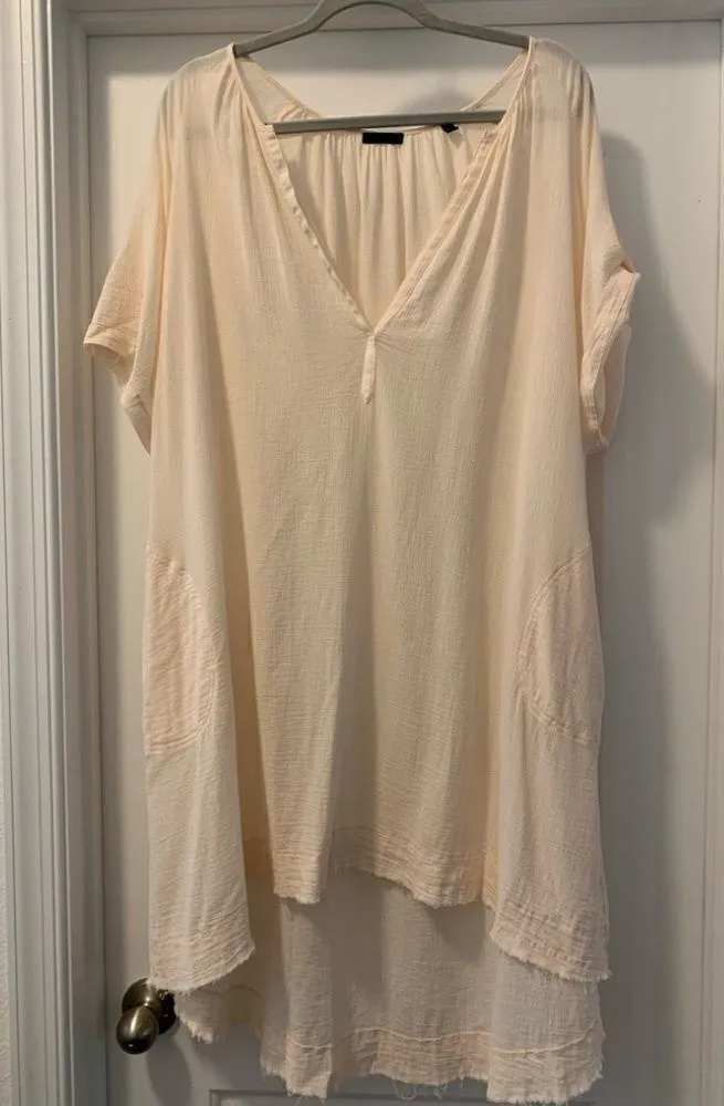 ATM Flowy Beach Cover Dress Size Small Roll Tab Sleeves Oversized 100% Cotton