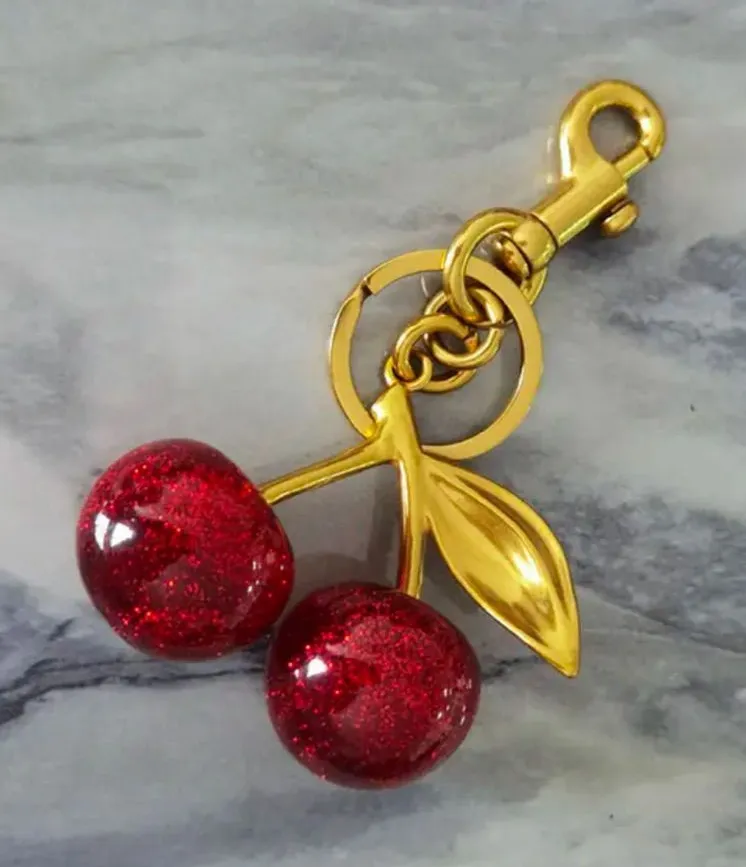 Red Sparkle Cherry Bag Charm Keychain Gold Tone Purse Accessory NWT