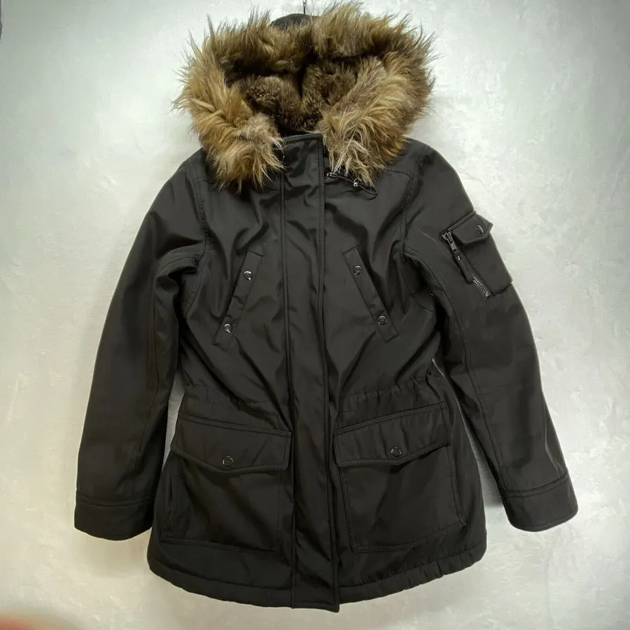 S13/NYC Winter Coat Womens Small puffer parka Faux Fur Hood lining penny lane Black