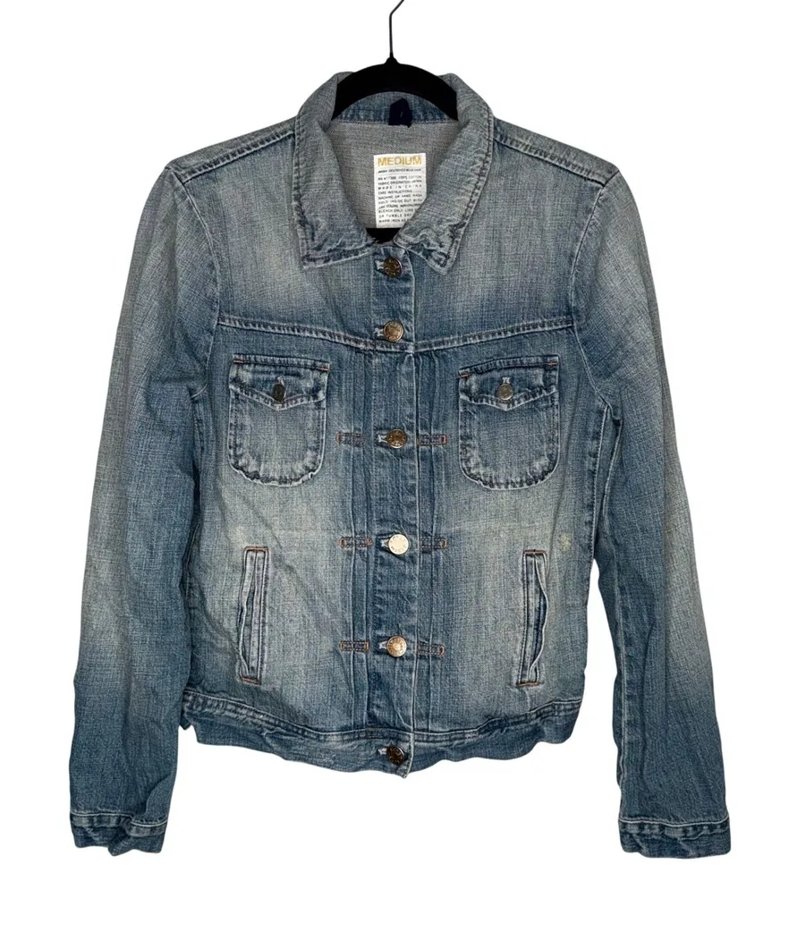 J. Crew Denim Jacket Women Medium Blue Excellent Destroyed Fade Japanese Cotton