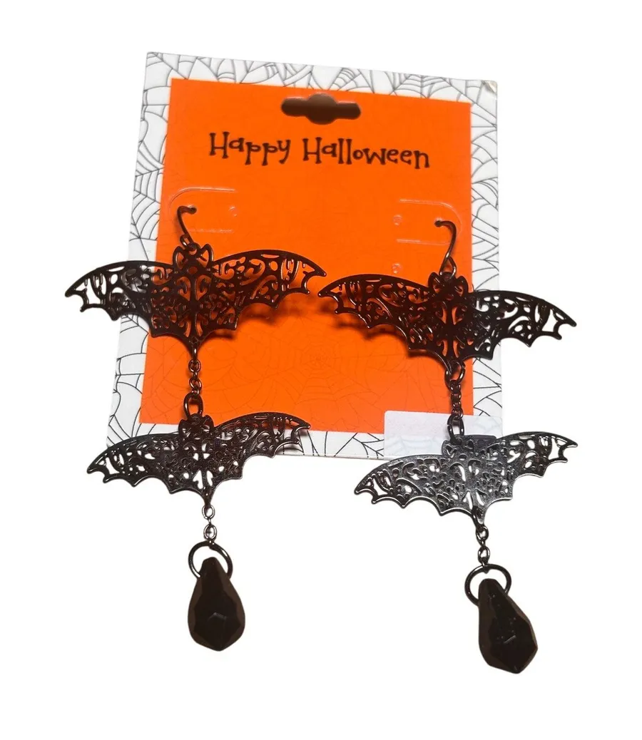 Gothic Bat Drop Earrings Black Halloween Costume Jewelry