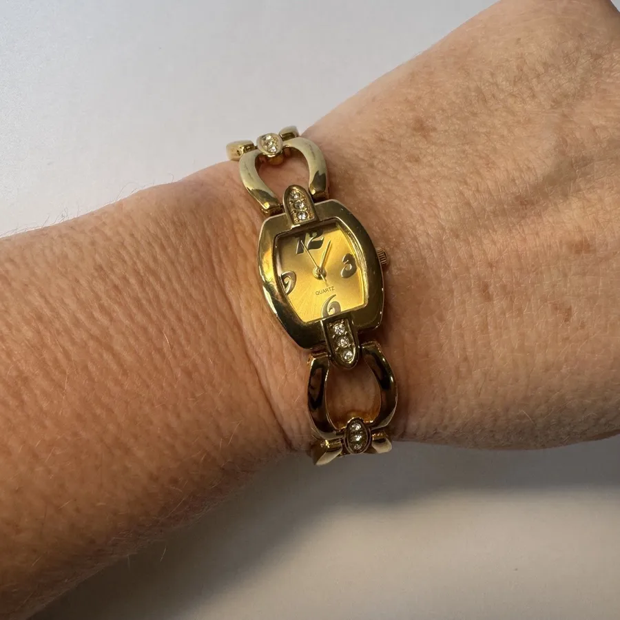 SLE Quartz Womens Gold Tone Watch Bracelet Band Crystal Studs