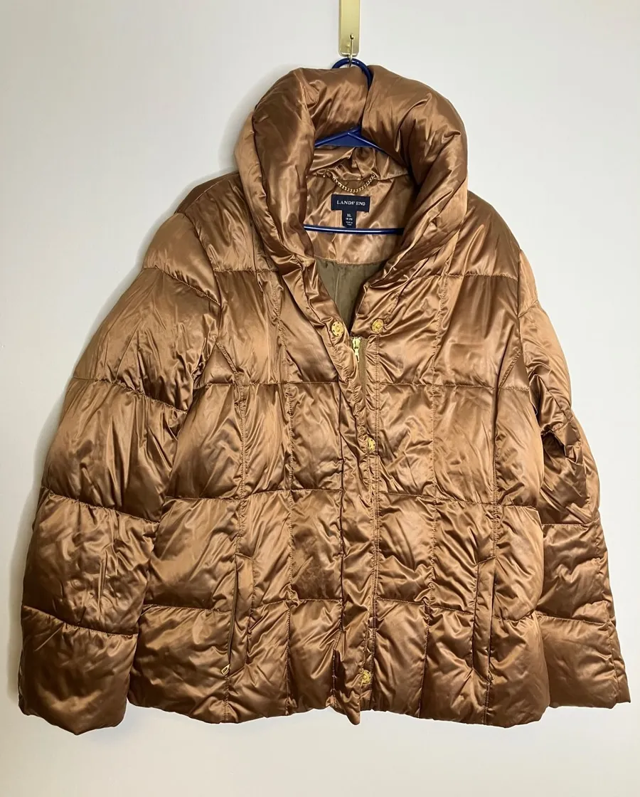 Lands' End Puffer Jacket Womens XL Bronze Excellent Down Quilted Metallic Coat