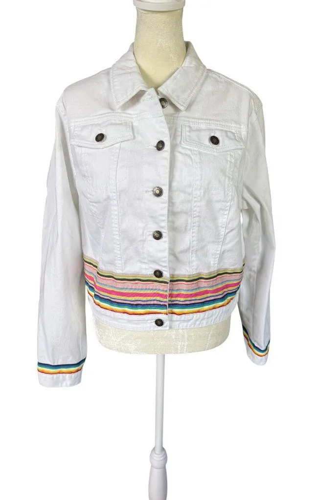 Ca.sual women's stretch white collared long sleeve button down jean jacket M Size M