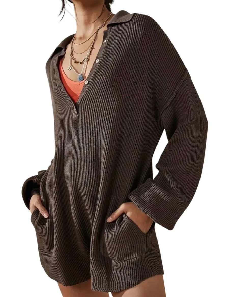 Free People Beach Brown Long Sleeve Sweater Romper Jumpsuit XS