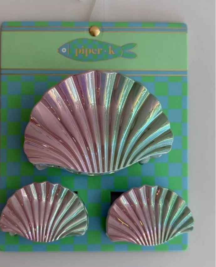 Piper k nwt Iridescent Pink & Green Shell hair claw clip Set seashell
