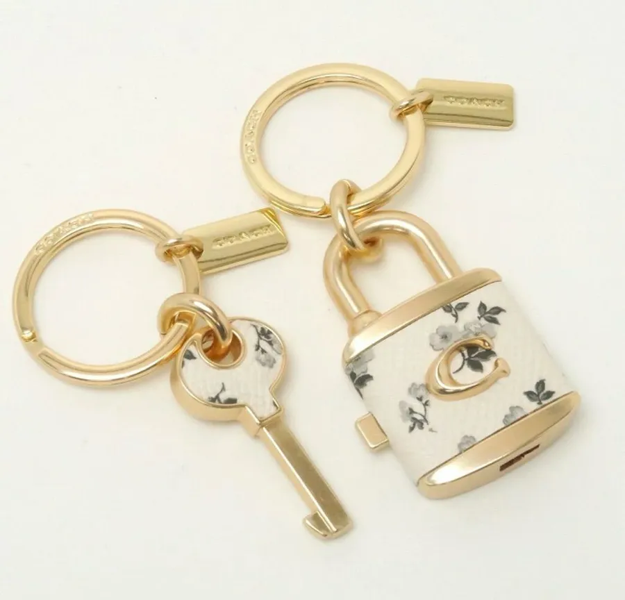 Coach keychain for women, key ring, lock, bag charm, leather floral pattern-RARE