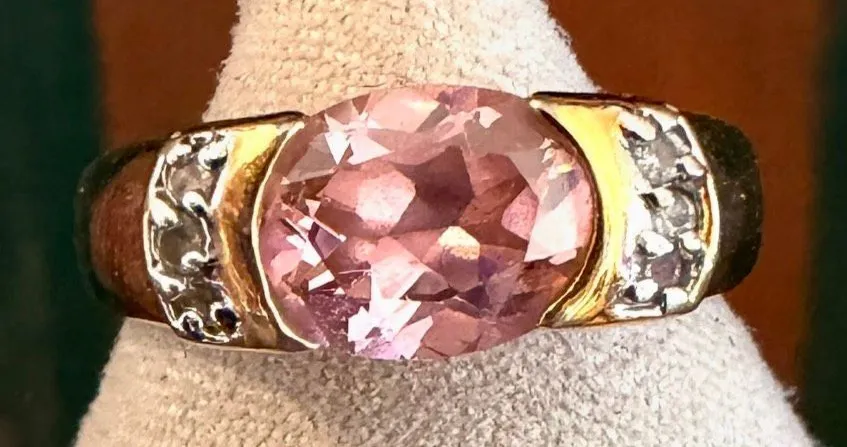Gold Tone Pink Oval Statement Ring with Clear Accent Stones