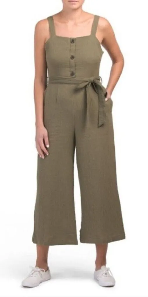 Rachel ZOE Olive Green Crepe Cotton Jumpsuit Wide leg Sz 10 Minimalist Safari