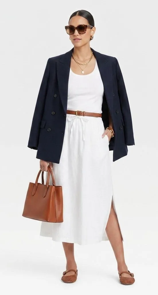 Universal Thread White Cotton Poplin Midi Skirt with Side Slits and pockets Sz M