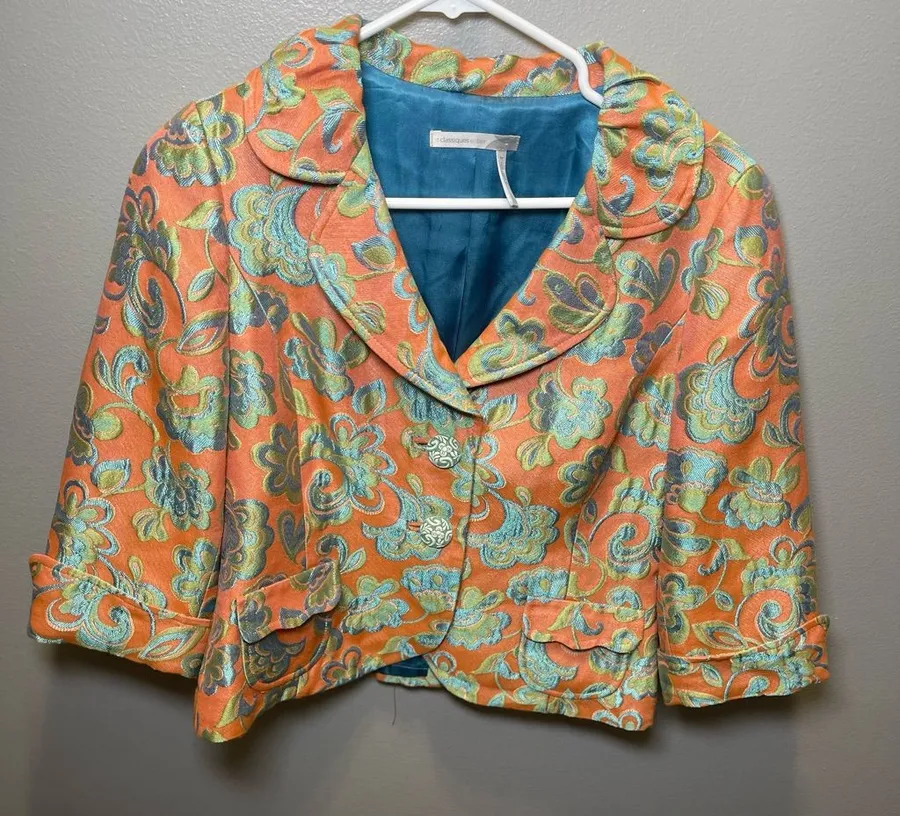 Classiques Entier Tapestry Fiesta Blazer Coral Teal Floral Size Medium Petite