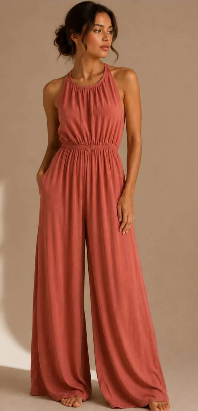 Old Navy Rust Halter-Neck Wide-Leg Jumpsuit
