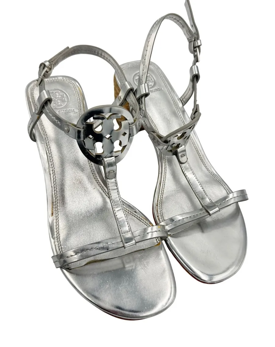 Tory Burch Miller Wedge Sandals Womens 9.5M Silver Leather Logo