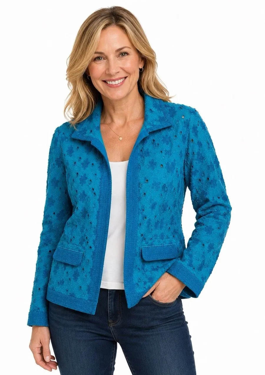 Chico’s Turquoise Blue Floral Embroidered Eyelet Jacket Blazer Textured Size 1