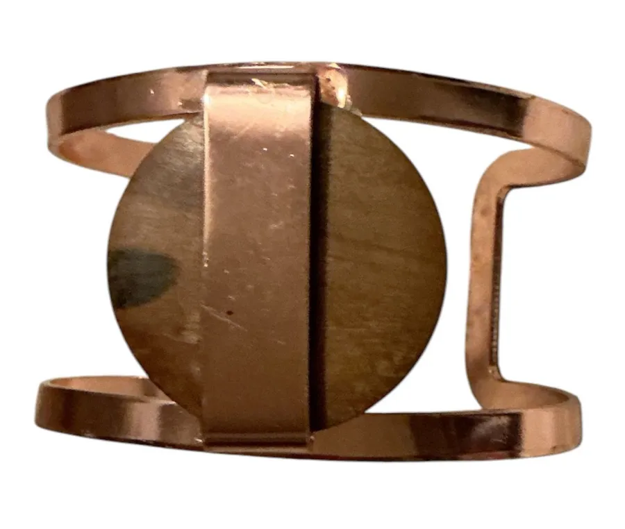 Vintage Boho Rose Gold Tone Open Cuff Bracelet with Round Wood Accent Center