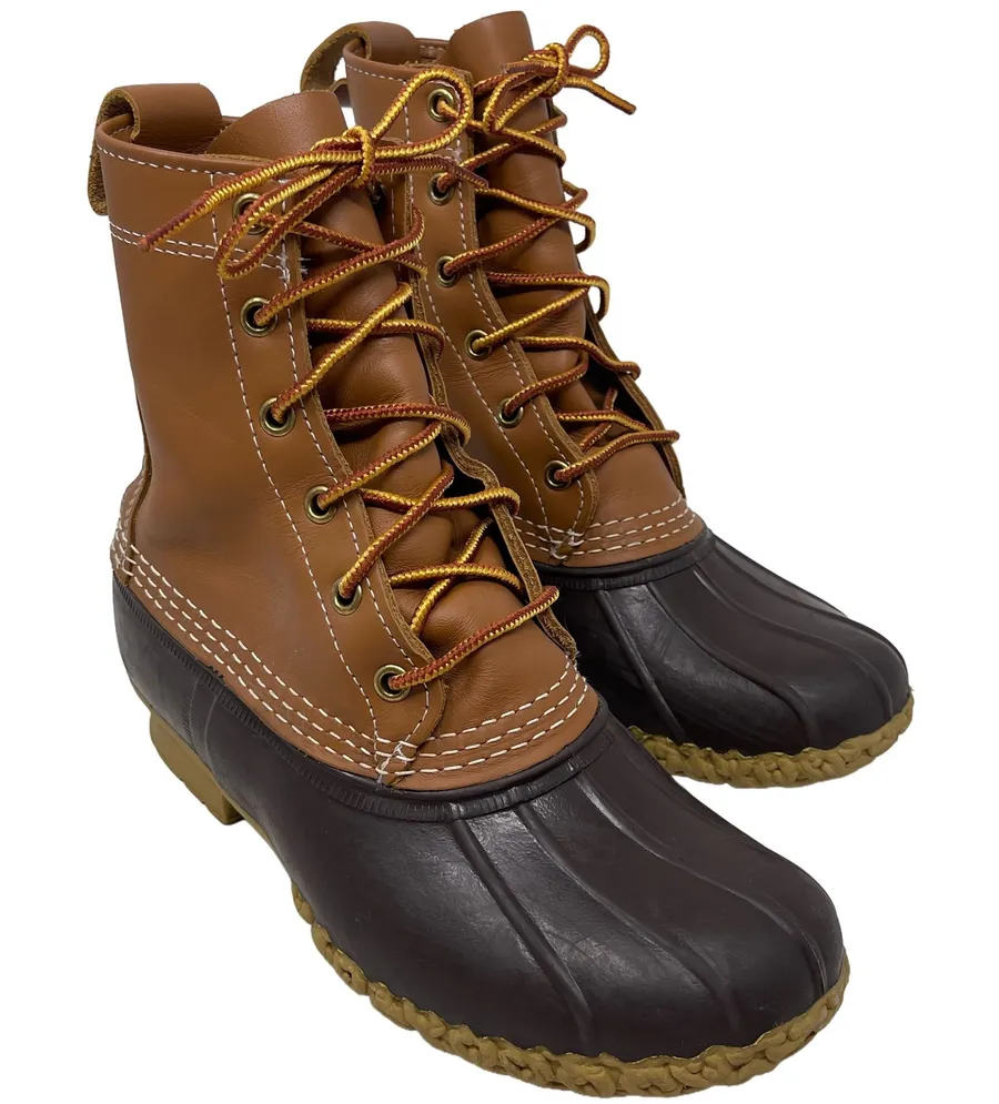 LL Bean Tan Leather Dark Brown Rubber Waterproof Duck Boots Women's Size 6 M